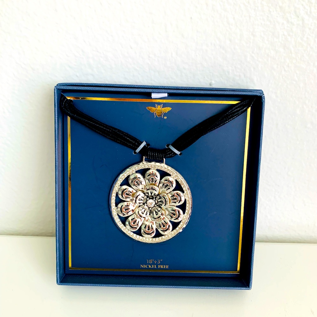 Black Multi Cord Pendant Big Silver Flower With Cristal Necklace